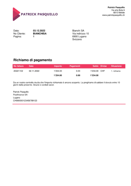 Esempio di richiamo di pagamento personalizzato su Banana Contabilità di Patrick Pasquillo - Digital Maker e consulente software in Ticino Esempio di richiamo di pagamento personalizzato su Banana Contabilità di Patrick Pasquillo - Digital Maker e consulente software in Ticino